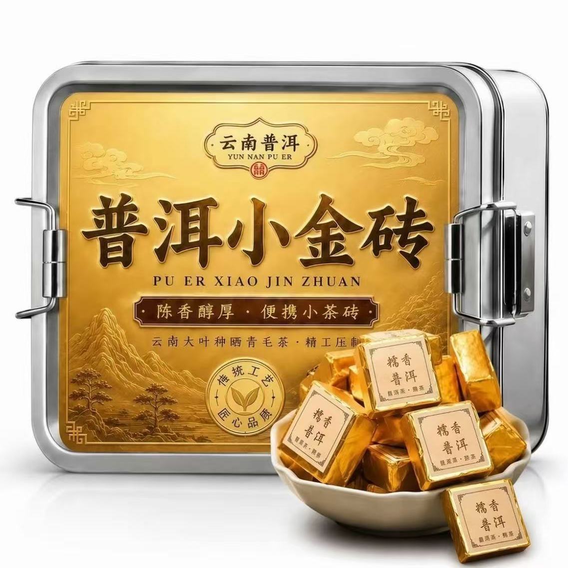 普洱小金砖云南勐海普洱茶熟茶糯米陈香砖古树普洱熟茶饭盒装正品